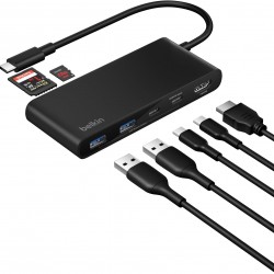 Belkin USB-C Hub, 7 Portlu, 60 Hz’de 4K HDMI ,SD ve MicroSD Yuvaları, 100W Güç İletimi Siyah