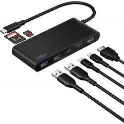 Belkin USB-C Hub, 7 Portlu, 60 Hz’de 4K HDMI ,SD ve MicroSD Yuvaları, 100W Güç İletimi Siyah