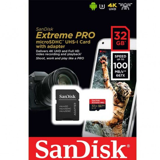 Sandisk 32 GB Extreme Pro microSDHC Class 10 Kart 667x 100 mb/s + Adaptör